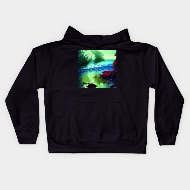 Magical Landscape Painting featuring Sea and Purple Plants, Scenery Nature Kids Hoodie by Promen Art